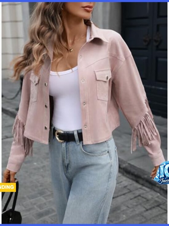 Faux Suede Fringe Jacket Crop Collar Drop Shoulder Long Sleeve Button - Picture 4 of 7